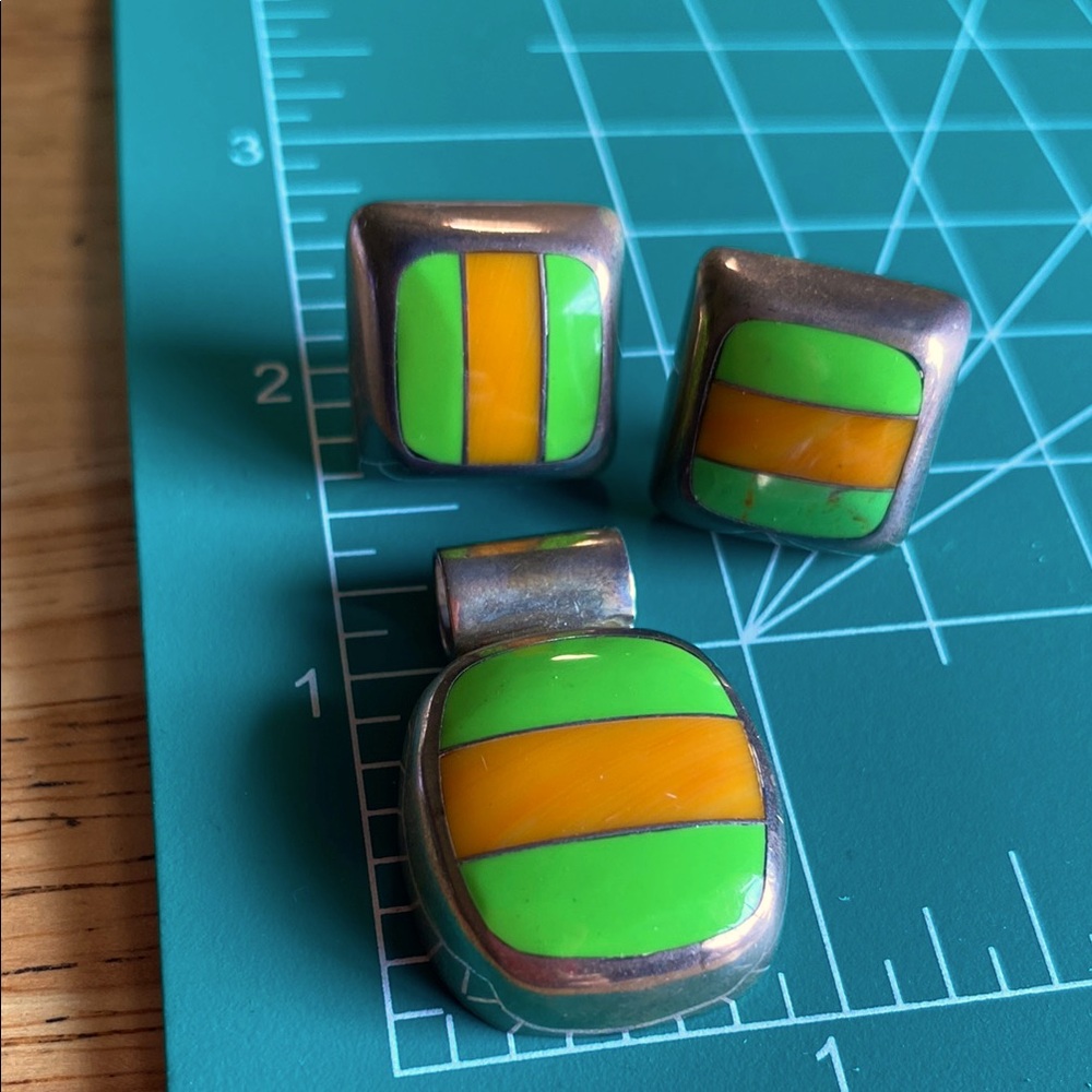 Vintage Green and Orange Jewelry Set, Sterling, Mexico